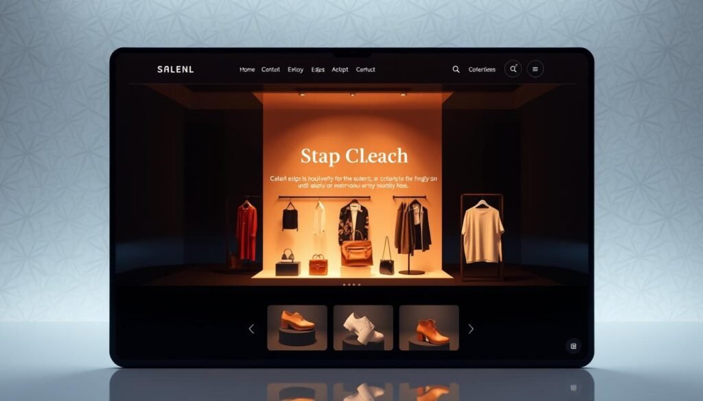A modern, immersive e-commerce website with a sleek, minimalist design. In the foreground, a visually striking product display showcasing various fashion items, with clean lines, soft shadows, and a warm lighting setup that highlights the product details. The middle ground features a stylized navigation bar and a simple, uncluttered layout, conveying a sense of professionalism and sophistication. In the background, a subtle, textured backdrop suggests a high-end, luxury setting, creating an inviting and visually appealing atmosphere. The overall scene evokes a sense of elegance, attention to detail, and a premium shopping experience. A modern, immersive e-commerce website with a sleek, minimalist design. In the foreground, a visually striking product display showcasing various fashion items, with clean lines, soft shadows, and a warm lighting setup that highlights the product details. The middle ground features a stylized navigation bar and a simple, uncluttered layout, conveying a sense of professionalism and sophistication. In the background, a subtle, textured backdrop suggests a high-end, luxury setting, creating an inviting and visually appealing atmosphere. The overall scene evokes a sense of elegance, attention to detail, and a premium shopping experience.