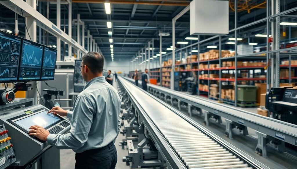 A modern manufacturing facility, with rows of gleaming machinery and bustling workers. In the foreground, a technician carefully monitors a control panel, surrounded by sleek computer monitors displaying real-time analytics. The middle ground features a network of interconnected conveyor belts, seamlessly moving products through the production line. In the background, a clean and organized warehouse space, with shelves stocked with raw materials and finished goods. Soft, diffused lighting illuminates the scene, creating a sense of efficiency and precision. A subtle haze of industrial activity fills the air, while the overall mood conveys a balance of technology and human expertise, working in harmony to optimize the manufacturing process.