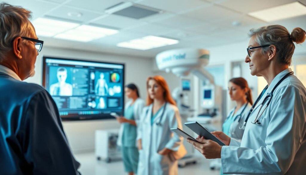 A modern medical facility flooded with warm, natural light. In the foreground, a doctor consults with a patient on a large, high-resolution display, their faces illuminated by the crisp digital interface. In the middle ground, nurses monitor vital signs and update electronic records on sleek tablets. The background reveals state-of-the-art diagnostic equipment, all seamlessly integrated to provide comprehensive, personalized telemedicine care. The atmosphere exudes a sense of innovation, efficiency, and unwavering commitment to the well-being of the patient.