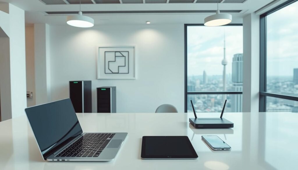 A modern, minimal office setting with sleek tech devices and affordable IT solutions. In the foreground, a laptop, tablet, and smartphone are neatly arranged on a clean, white desk. Diffused lighting from overhead fixtures creates a soft, professional ambiance. In the middle ground, a server tower and network router sit discreetly, representing the reliable infrastructure powering the affordable tech services. The background features minimalist, geometric wall art and a large window overlooking a bustling city skyline, conveying a sense of urban accessibility and cost-effectiveness. A modern, minimal office setting with sleek tech devices and affordable IT solutions. In the foreground, a laptop, tablet, and smartphone are neatly arranged on a clean, white desk. Diffused lighting from overhead fixtures creates a soft, professional ambiance. In the middle ground, a server tower and network router sit discreetly, representing the reliable infrastructure powering the affordable tech services. The background features minimalist, geometric wall art and a large window overlooking a bustling city skyline, conveying a sense of urban accessibility and cost-effectiveness.