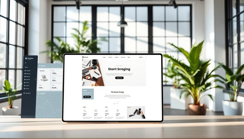 A modern, minimalist WordPress website interface with a clean, professional design. The foreground features a sleek, responsive dashboard displaying key business metrics and analytics. The middle ground showcases a customizable website template with a bold hero section and intuitive navigation. In the background, a serene office setting with large windows, lush plants, and soft, natural lighting creates a tranquil, productive atmosphere. The overall scene conveys the power, flexibility, and scalability of WordPress for growing businesses.