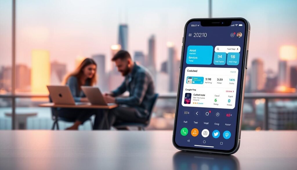 A modern, minimalist app design featuring clean lines, vibrant colors, and intuitive user interface elements. The foreground showcases a sleek smartphone device displaying a visually striking app dashboard with customizable widgets, smooth animations, and clear call-to-action buttons. In the middle ground, a team of developers collaborates on laptops, coding and refining the app's features. The background depicts a bustling city skyline, symbolizing the app's integration with the urban landscape and its potential to connect businesses with their customers. The scene is illuminated by warm, directional lighting, creating a sense of professionalism and innovation. A modern, minimalist app design featuring clean lines, vibrant colors, and intuitive user interface elements. The foreground showcases a sleek smartphone device displaying a visually striking app dashboard with customizable widgets, smooth animations, and clear call-to-action buttons. In the middle ground, a team of developers collaborates on laptops, coding and refining the app's features. The background depicts a bustling city skyline, symbolizing the app's integration with the urban landscape and its potential to connect businesses with their customers. The scene is illuminated by warm, directional lighting, creating a sense of professionalism and innovation.