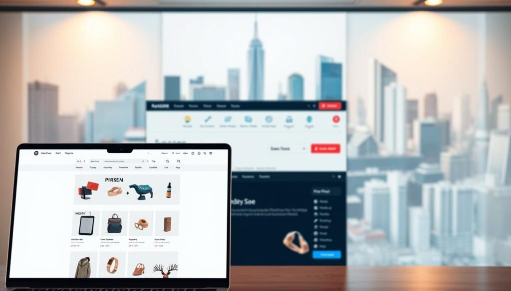 A modern, minimalist e-commerce website on the WordPress platform. In the foreground, a sleek, responsive online store interface showcases various products against a clean, white background, with intuitive navigation and clear calls-to-action. In the middle ground, the WordPress content management system dashboard is visible, with customizable themes, plugins, and analytics tools. The background depicts a vibrant city skyline, symbolizing the global reach and scalability of the e-commerce solution. Warm, natural lighting illuminates the scene, creating a sense of professionalism and trustworthiness. The overall composition conveys the power, flexibility, and user-friendliness of building an online store with WordPress and WooCommerce.