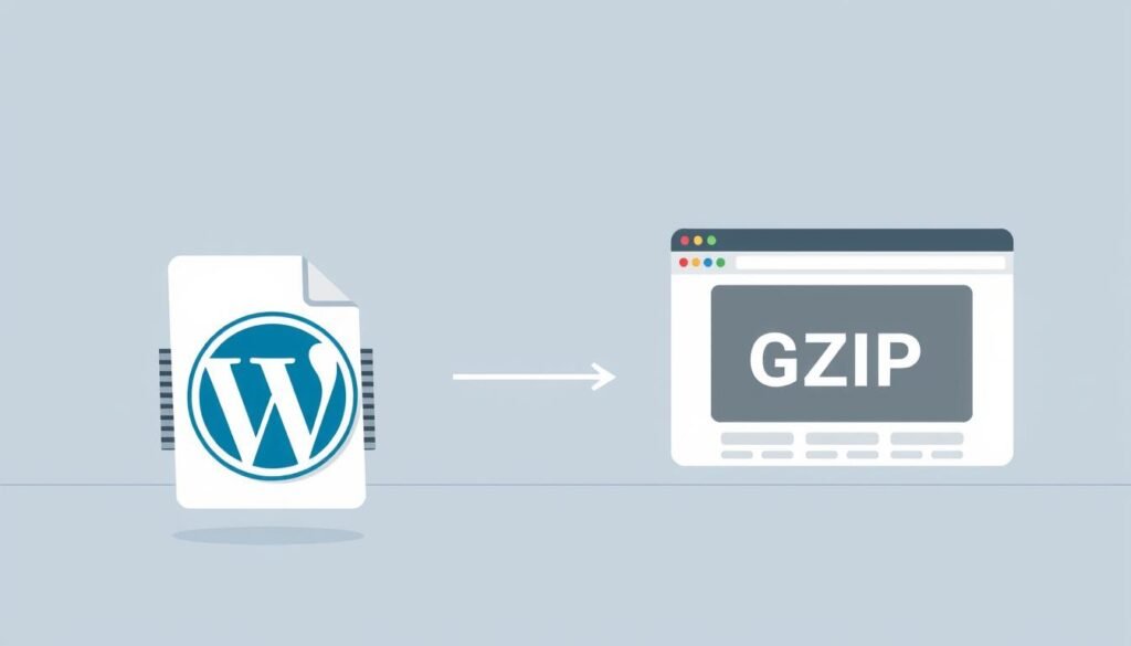 A modern, minimalist illustration depicting the GZIP compression process on a WordPress website. In the foreground, a stylized WordPress logo emerges from a compressed, zipped file format. The middle ground showcases a web browser window displaying a fast-loading website, highlighting the performance benefits of GZIP compression. The background features a subtle grid pattern, conveying a sense of technological precision. Lighting is soft and directional, creating depth and emphasizing the core subject. The overall mood is one of efficiency, speed, and optimization.