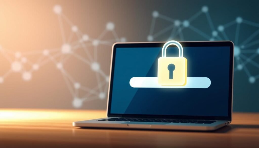 A modern, minimalist illustration of a WordPress website with a glowing SSL padlock icon, conveying secure encryption. The foreground features the website interface with a clean, sleek design, while the background depicts a subtle, ethereal data network with lines and geometric shapes representing the secure data transfer. The lighting is soft and warm, creating a sense of safety and trust. The overall composition emphasizes the importance of SSL certification in protecting WordPress sites, aligning with the section title "Implementing SSL Certificates for Encryption".