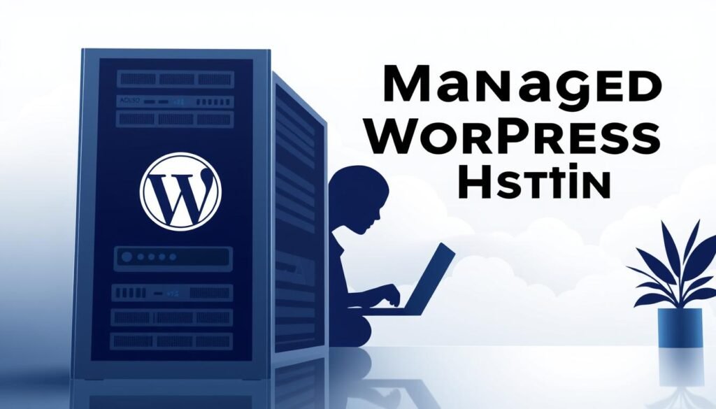 A modern, minimalist illustration of managed WordPress hosting. In the foreground, a clean, sleek server rack with a prominent WordPress logo, symbolizing the platform's seamless integration. The middle ground features a silhouette of a web developer, hands typing on a laptop, representing the effortless management and maintenance. The background showcases a serene, cloud-like environment, hinting at the scalability and reliability of the hosting solution. The lighting is soft and diffused, creating a sense of professionalism and sophistication. The camera angle is slightly elevated, providing a bird's-eye view to convey the comprehensive nature of the managed hosting service.