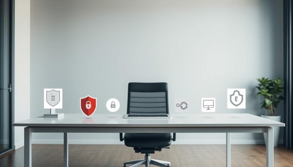 A modern, minimalist office interior with a large desk and ergonomic chair. On the desk, various security-focused software plugins are displayed, including icons for a firewall, antivirus, and encryption tools. The lighting is soft and diffused, creating a calm and professional atmosphere. The background features a subtle geometric pattern, adding a touch of sophistication. The camera angle is slightly elevated, capturing the desk setup in a clean, organized manner, conveying a sense of security and control.