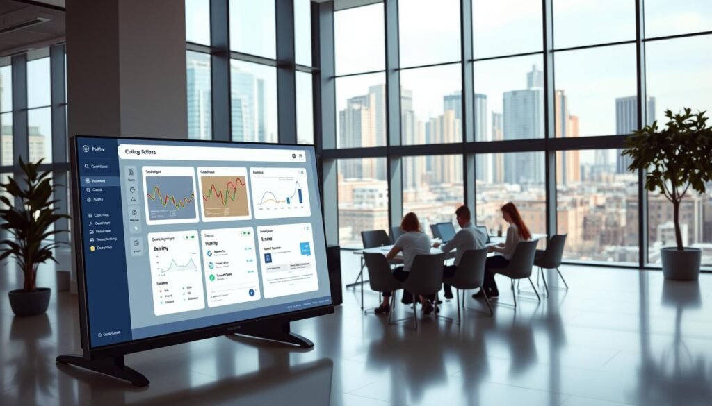 A modern, minimalist office interior with large windows and abundant natural light. In the foreground, a sleek, modular software interface with customizable panels and resizable elements, representing the scalability and adaptability of the digital solution. The middle ground features a team of developers collaborating on laptops, showcasing the flexibility and responsiveness of the software architecture. In the background, a bustling cityscape, conveying the dynamic and ever-evolving nature of the technology industry. The overall scene should convey a sense of efficiency, innovation, and the seamless integration of software into the modern workplace. A modern, minimalist office interior with large windows and abundant natural light. In the foreground, a sleek, modular software interface with customizable panels and resizable elements, representing the scalability and adaptability of the digital solution. The middle ground features a team of developers collaborating on laptops, showcasing the flexibility and responsiveness of the software architecture. In the background, a bustling cityscape, conveying the dynamic and ever-evolving nature of the technology industry. The overall scene should convey a sense of efficiency, innovation, and the seamless integration of software into the modern workplace.