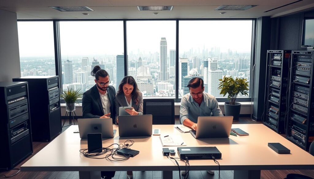 A modern, minimalist office setting with a focus on cost-effective IT solutions for a startup. In the foreground, a team of professionals in business casual attire collaborating around a sleek, minimalist desk, laptops open and papers scattered, conveying an atmosphere of productivity and efficiency. The middle ground features various technological components like servers, cables, and network equipment, highlighting the importance of a robust IT infrastructure. The background showcases a panoramic view of a bustling city skyline, suggesting the startup's growth potential. Soft, warm lighting casts a professional yet inviting glow, and the composition utilizes clean lines and a neutral color palette to convey a sense of simplicity and affordability. A modern, minimalist office setting with a focus on cost-effective IT solutions for a startup. In the foreground, a team of professionals in business casual attire collaborating around a sleek, minimalist desk, laptops open and papers scattered, conveying an atmosphere of productivity and efficiency. The middle ground features various technological components like servers, cables, and network equipment, highlighting the importance of a robust IT infrastructure. The background showcases a panoramic view of a bustling city skyline, suggesting the startup's growth potential. Soft, warm lighting casts a professional yet inviting glow, and the composition utilizes clean lines and a neutral color palette to convey a sense of simplicity and affordability.