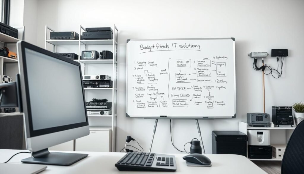 A modern, minimalist office setting with a focus on low-cost IT solutions. In the foreground, a simple yet efficient desktop computer setup with a sleek monitor, keyboard, and mouse. The middle ground features a whiteboard displaying a well-organized budget-friendly IT development strategy, with hand-drawn diagrams and notes. In the background, shelves filled with affordable yet reliable hardware components, cables, and other essential IT supplies. The lighting is soft and diffused, creating a calm and focused atmosphere. The overall scene conveys a sense of practicality and cost-effectiveness, reflecting the theme of developing a budget-friendly IT strategy. A modern, minimalist office setting with a focus on low-cost IT solutions. In the foreground, a simple yet efficient desktop computer setup with a sleek monitor, keyboard, and mouse. The middle ground features a whiteboard displaying a well-organized budget-friendly IT development strategy, with hand-drawn diagrams and notes. In the background, shelves filled with affordable yet reliable hardware components, cables, and other essential IT supplies. The lighting is soft and diffused, creating a calm and focused atmosphere. The overall scene conveys a sense of practicality and cost-effectiveness, reflecting the theme of developing a budget-friendly IT strategy.