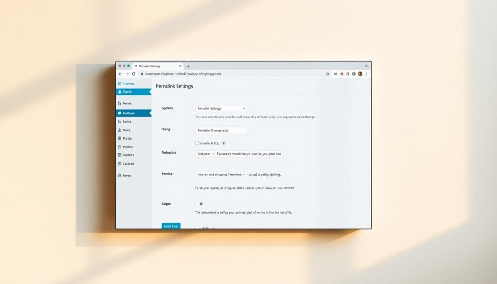 A modern, minimalist web browser window displaying a WordPress website's permalink settings page. The page has a clean, well-organized layout with various configuration options. The background is a soft, neutral gray, creating a calm, professional atmosphere. Warm, natural lighting from the side casts gentle shadows, highlighting the depth and textures of the interface elements. The focus is on the "Permalink Settings" section, showcasing the customizable structure of the website's URLs. The overall impression is one of simplicity, clarity, and attention to detail - reflecting the importance of proper permalink configuration for effective WordPress SEO.