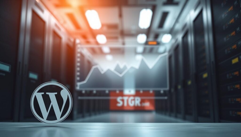 A modern, minimalist web hosting server with a sleek design and elegant typography. In the foreground, a WordPress logo casts a warm, soft light across the scene. In the middle ground, a detailed graph or chart visualizes website speed and performance metrics, hinting at the optimization process. The background features a blurred, out-of-focus backdrop of a server room or data center, conveying a sense of high-tech infrastructure supporting the WordPress platform. The overall mood is one of efficiency, professionalism, and technical expertise.