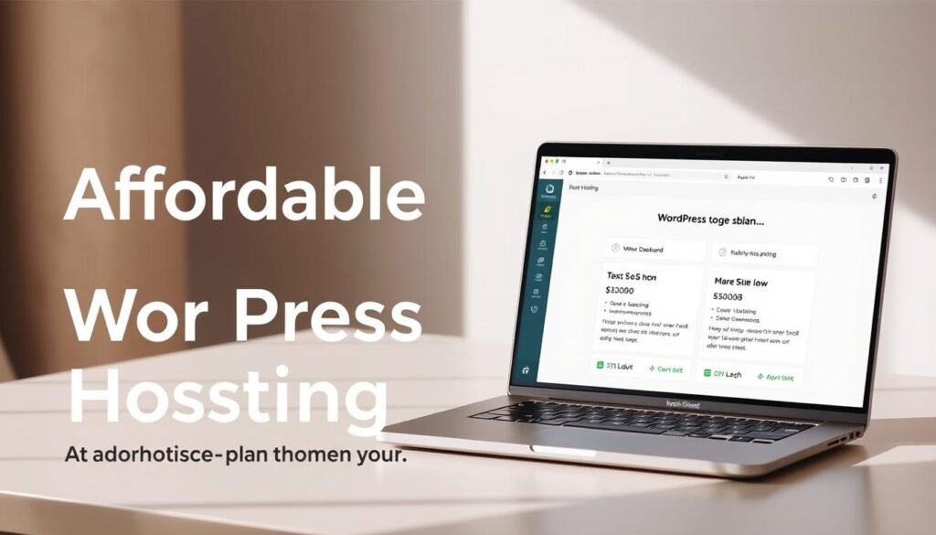 A modern, minimalist web hosting service showcasing affordable WordPress plans. A sleek laptop on a clean desktop, its screen displaying a simplified WordPress dashboard. Soft, directional lighting illuminates the scene, casting subtle shadows. The layout is balanced and visually appealing, with clean typography highlighting the accessible pricing tiers. The overall tone is professional yet approachable, conveying the idea of high-quality WordPress hosting that won't break the bank.