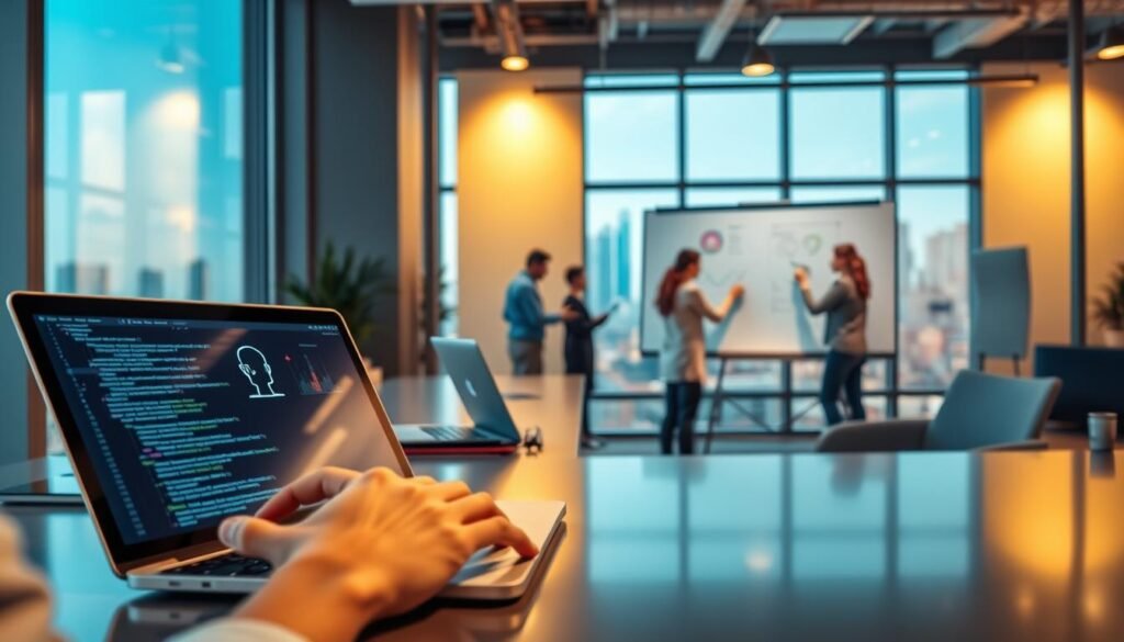 A modern mobile app development workspace, illuminated by warm, natural lighting from large windows. In the foreground, a developer's hands type code on a sleek laptop, while on the desk, an AI assistant icon and machine learning charts visualize the integration of AI into the app's architecture. The middle ground features a team of developers collaborating on a digital whiteboard, exploring AI-powered features. In the background, a cityscape of skyscrapers suggests a thriving tech hub, underscoring the importance of AI and ML in shaping the future of mobile app development. A modern mobile app development workspace, illuminated by warm, natural lighting from large windows. In the foreground, a developer's hands type code on a sleek laptop, while on the desk, an AI assistant icon and machine learning charts visualize the integration of AI into the app's architecture. The middle ground features a team of developers collaborating on a digital whiteboard, exploring AI-powered features. In the background, a cityscape of skyscrapers suggests a thriving tech hub, underscoring the importance of AI and ML in shaping the future of mobile app development.