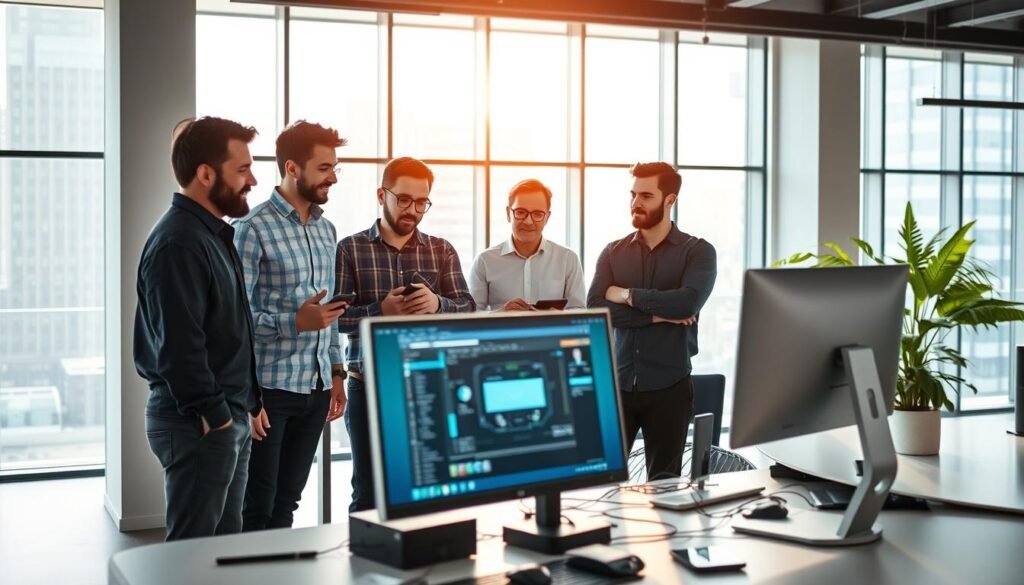 A modern office interior with a focus on IT services for startups. In the foreground, a team of software developers collaborating on a large touchscreen display, their expressions engaged and passionate. In the middle ground, a sleek, minimalist desk setup with various devices and peripherals, hinting at the technological prowess of the startup. The background features floor-to-ceiling windows, allowing natural light to flood the space and create a bright, airy atmosphere. The overall scene conveys a sense of innovation, productivity, and the dynamic nature of a thriving startup's IT infrastructure. A modern office interior with a focus on IT services for startups. In the foreground, a team of software developers collaborating on a large touchscreen display, their expressions engaged and passionate. In the middle ground, a sleek, minimalist desk setup with various devices and peripherals, hinting at the technological prowess of the startup. The background features floor-to-ceiling windows, allowing natural light to flood the space and create a bright, airy atmosphere. The overall scene conveys a sense of innovation, productivity, and the dynamic nature of a thriving startup's IT infrastructure.