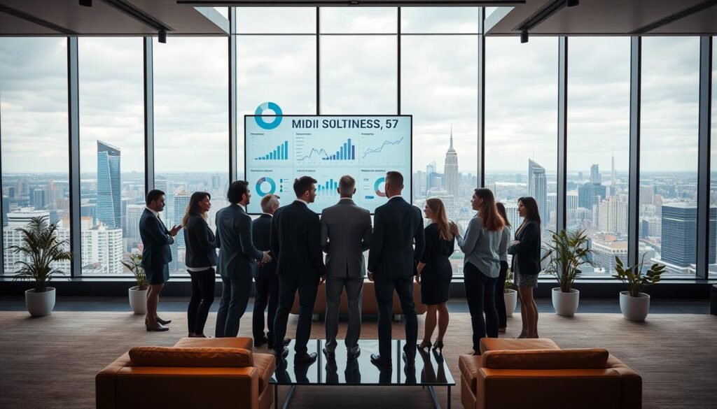 A modern office interior with a large display screen showing various business analytics and charts. In the foreground, a team of professionals in business attire deeply engaged in discussion, gesturing towards the screen. The middle ground features sleek, minimalist furniture and decor, creating a professional yet welcoming atmosphere. In the background, floor-to-ceiling windows offer a panoramic view of a bustling city skyline, suggesting the global reach and impact of the tailored software solutions. Warm, diffused lighting casts a subtle glow, enhancing the sense of productivity and collaboration. The overall scene conveys the business value and transformative power of custom-built software applications. A modern office interior with a large display screen showing various business analytics and charts. In the foreground, a team of professionals in business attire deeply engaged in discussion, gesturing towards the screen. The middle ground features sleek, minimalist furniture and decor, creating a professional yet welcoming atmosphere. In the background, floor-to-ceiling windows offer a panoramic view of a bustling city skyline, suggesting the global reach and impact of the tailored software solutions. Warm, diffused lighting casts a subtle glow, enhancing the sense of productivity and collaboration. The overall scene conveys the business value and transformative power of custom-built software applications.