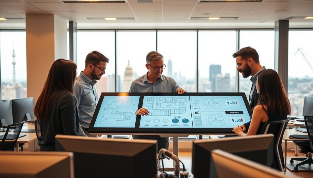 A modern office interior with a large panoramic window overlooking a bustling city skyline. In the foreground, a team of software developers intently discussing blueprints and wireframes for a custom software application on a sleek touchscreen display. The middle ground features neatly organized workstations with high-end computer equipment and ergonomic chairs, conveying a sense of professionalism and productivity. The background is softly lit with warm overhead lighting, creating a comfortable and focused atmosphere for the specialized software development work. The overall scene reflects a bespoke, tailored approach to fulfilling the client's unique technology needs. A modern office interior with a large panoramic window overlooking a bustling city skyline. In the foreground, a team of software developers intently discussing blueprints and wireframes for a custom software application on a sleek touchscreen display. The middle ground features neatly organized workstations with high-end computer equipment and ergonomic chairs, conveying a sense of professionalism and productivity. The background is softly lit with warm overhead lighting, creating a comfortable and focused atmosphere for the specialized software development work. The overall scene reflects a bespoke, tailored approach to fulfilling the client's unique technology needs.