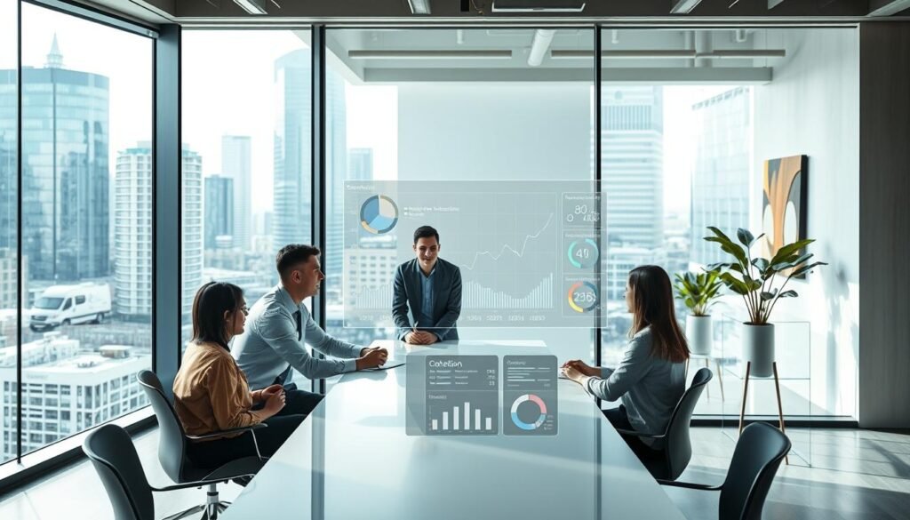 A modern office interior with a large transparent glass wall overlooking a bustling cityscape. In the foreground, a team of professionals collaborating around a sleek conference table, their expressions focused and engaged. Soft, natural lighting filters through the windows, creating a warm, productive atmosphere. In the middle ground, a digital dashboard displays real-time customer interaction metrics, visualized through intuitive charts and graphs. The background features a minimalist, yet stylish décor, with abstract art pieces and potted plants adding pops of color. The overall scene conveys a sense of efficiency, innovation, and a customer-centric approach to IT development services. A modern office interior with a large transparent glass wall overlooking a bustling cityscape. In the foreground, a team of professionals collaborating around a sleek conference table, their expressions focused and engaged. Soft, natural lighting filters through the windows, creating a warm, productive atmosphere. In the middle ground, a digital dashboard displays real-time customer interaction metrics, visualized through intuitive charts and graphs. The background features a minimalist, yet stylish décor, with abstract art pieces and potted plants adding pops of color. The overall scene conveys a sense of efficiency, innovation, and a customer-centric approach to IT development services.