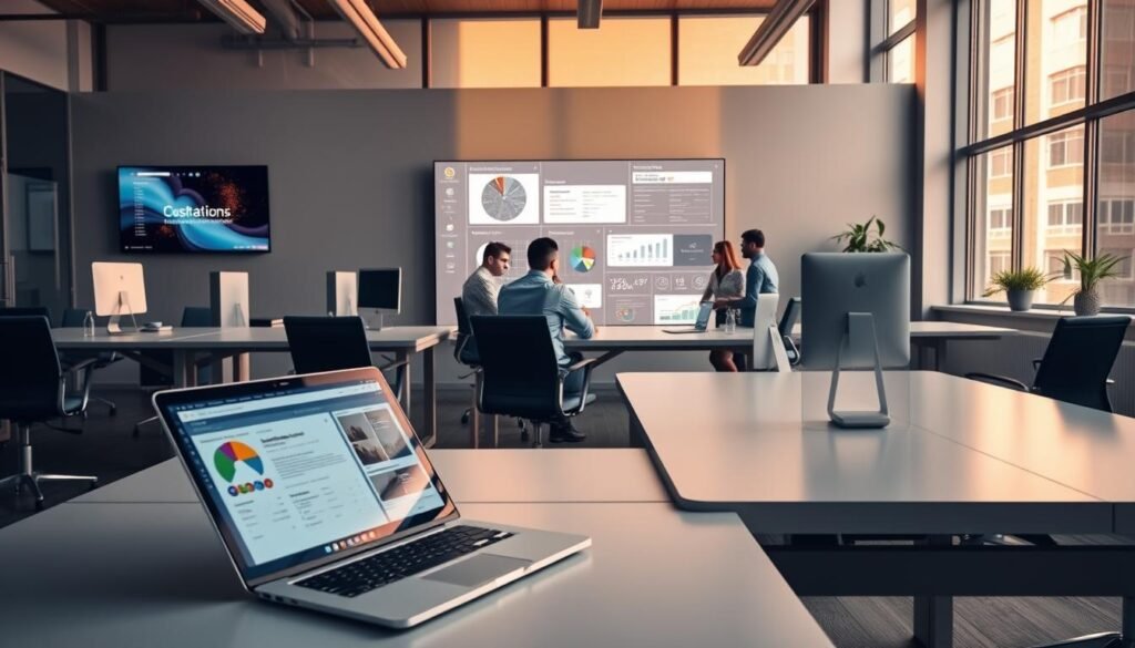 A modern office setting with sleek, minimalist desks and ergonomic chairs. In the foreground, a laptop and tablet showcase software dashboards and collaboration tools. The middle ground features a team of developers brainstorming around a large touchscreen display, conveying the efficiency of remote and distributed workflows. In the background, a wall-mounted monitor displays cost-saving metrics and performance analytics, all bathed in warm, natural lighting from large windows. The overall atmosphere is one of productivity, innovation, and cost-effectiveness. A modern office setting with sleek, minimalist desks and ergonomic chairs. In the foreground, a laptop and tablet showcase software dashboards and collaboration tools. The middle ground features a team of developers brainstorming around a large touchscreen display, conveying the efficiency of remote and distributed workflows. In the background, a wall-mounted monitor displays cost-saving metrics and performance analytics, all bathed in warm, natural lighting from large windows. The overall atmosphere is one of productivity, innovation, and cost-effectiveness.
