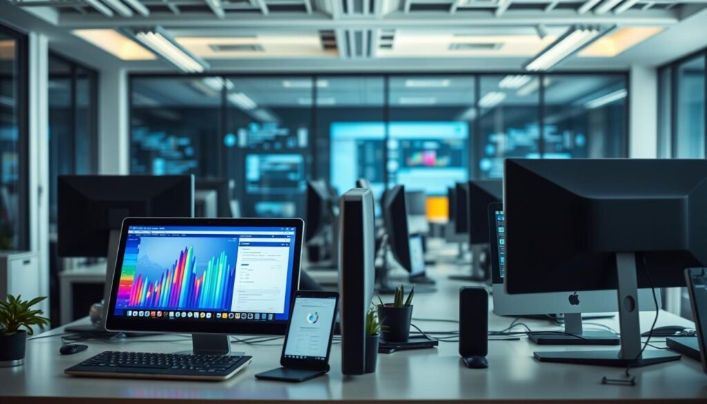 A modern office setting with sleek web applications displayed on various digital devices, contrasted against traditional software running on desktop computers. Vibrant colors, clean lines, and a sense of dynamism in the foreground, while the background showcases the legacy systems and cumbersome processes of the past. Soft, diffused lighting illuminates the scene, highlighting the stark difference in user experience and productivity between the two approaches. The composition emphasizes the agility, responsiveness, and collaborative nature of web-based solutions compared to the rigidity and isolation of traditional software. A modern office setting with sleek web applications displayed on various digital devices, contrasted against traditional software running on desktop computers. Vibrant colors, clean lines, and a sense of dynamism in the foreground, while the background showcases the legacy systems and cumbersome processes of the past. Soft, diffused lighting illuminates the scene, highlighting the stark difference in user experience and productivity between the two approaches. The composition emphasizes the agility, responsiveness, and collaborative nature of web-based solutions compared to the rigidity and isolation of traditional software.