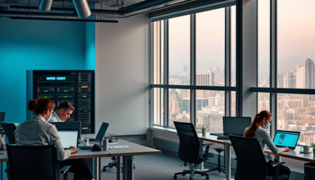 A modern office space filled with efficient IT infrastructure for small and medium enterprises. In the foreground, a team of employees collaborating on laptops, surrounded by sleek workstations and a minimalist decor. The middle ground showcases a secure server rack and an advanced networking setup, illuminated by soft, diffused lighting. In the background, large windows offer a panoramic view of a bustling cityscape, symbolizing the enhanced focus on core business activities enabled by reliable and scalable IT solutions. The scene conveys a sense of productivity, innovation, and strategic alignment between technology and organizational goals. A modern office space filled with efficient IT infrastructure for small and medium enterprises. In the foreground, a team of employees collaborating on laptops, surrounded by sleek workstations and a minimalist decor. The middle ground showcases a secure server rack and an advanced networking setup, illuminated by soft, diffused lighting. In the background, large windows offer a panoramic view of a bustling cityscape, symbolizing the enhanced focus on core business activities enabled by reliable and scalable IT solutions. The scene conveys a sense of productivity, innovation, and strategic alignment between technology and organizational goals.