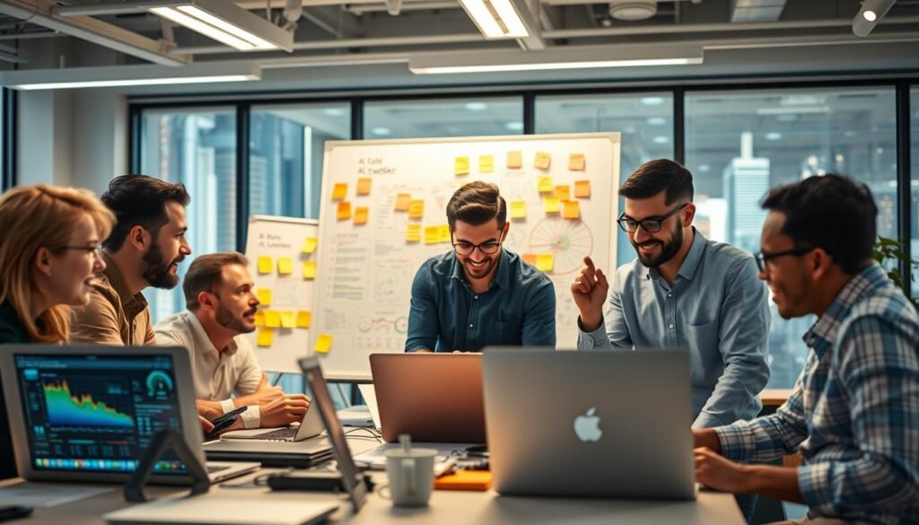 A modern office space filled with startup founders intently studying AI-powered software dashboards and charts on their laptops. Bright lighting illuminates the scene, creating a sense of energy and focus. In the foreground, a diverse team collaborates, gesturing excitedly as they analyze the latest AI-driven insights. The middle ground features a large whiteboard covered in colorful sticky notes and diagrams, showcasing the iterative process of AI tool adoption. The background subtly blurs, drawing attention to the central activity, while hinting at the vibrant city skyline outside the large windows. A modern office space filled with startup founders intently studying AI-powered software dashboards and charts on their laptops. Bright lighting illuminates the scene, creating a sense of energy and focus. In the foreground, a diverse team collaborates, gesturing excitedly as they analyze the latest AI-driven insights. The middle ground features a large whiteboard covered in colorful sticky notes and diagrams, showcasing the iterative process of AI tool adoption. The background subtly blurs, drawing attention to the central activity, while hinting at the vibrant city skyline outside the large windows.