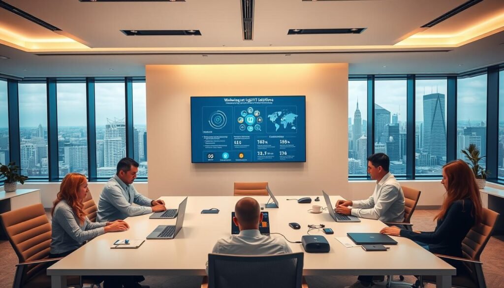 A modern office space with a sleek and minimalist design, showcasing affordable yet high-quality IT solutions. In the foreground, a team of professionals collaborating around a large desk, their laptops and devices highlighting the cost-effective nature of the technology. The middle ground features a wall-mounted display presenting data visualizations and information about the benefits of outsourcing IT services. The background depicts a panoramic view of a bustling city skyline, emphasizing the global reach and accessibility of these innovative solutions. The lighting is warm and inviting, creating a professional and productive atmosphere. Captured with a wide-angle lens to capture the full scope of the scene. A modern office space with a sleek and minimalist design, showcasing affordable yet high-quality IT solutions. In the foreground, a team of professionals collaborating around a large desk, their laptops and devices highlighting the cost-effective nature of the technology. The middle ground features a wall-mounted display presenting data visualizations and information about the benefits of outsourcing IT services. The background depicts a panoramic view of a bustling city skyline, emphasizing the global reach and accessibility of these innovative solutions. The lighting is warm and inviting, creating a professional and productive atmosphere. Captured with a wide-angle lens to capture the full scope of the scene.