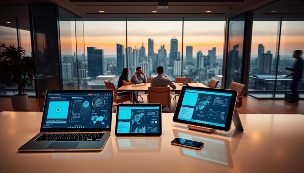 A modern office workspace with sleek, futuristic AI software solutions displayed on various screens and devices. The foreground features a clean, minimalist desk with a laptop, tablet, and smartphone showcasing AI-powered applications, algorithms, and data visualizations. The middle ground has several employees collaborating around a conference table, actively engaged with the AI-driven tools. The background depicts a panoramic city skyline, reflecting the technological advancements transforming the IT industry. Warm, subtle lighting creates a professional, innovative atmosphere, captured with a wide-angle lens to convey the scale and integration of AI software solutions within the business environment. A modern office workspace with sleek, futuristic AI software solutions displayed on various screens and devices. The foreground features a clean, minimalist desk with a laptop, tablet, and smartphone showcasing AI-powered applications, algorithms, and data visualizations. The middle ground has several employees collaborating around a conference table, actively engaged with the AI-driven tools. The background depicts a panoramic city skyline, reflecting the technological advancements transforming the IT industry. Warm, subtle lighting creates a professional, innovative atmosphere, captured with a wide-angle lens to convey the scale and integration of AI software solutions within the business environment.