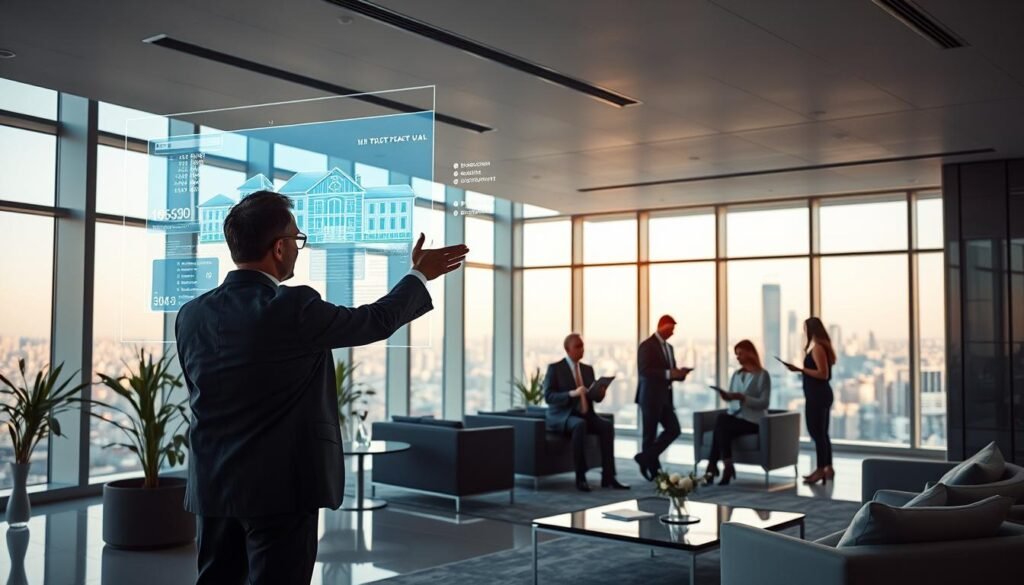 A modern real estate office with sleek, minimalist interiors. In the foreground, a realtor gestures towards a large holographic display showcasing property details and 3D floor plans. The middle ground features stylish furniture and décor, with several employees collaborating on tablets. The background reveals floor-to-ceiling windows offering a panoramic city view, bathing the scene in warm, natural lighting. A sense of technological integration and efficiency permeates the space, reflecting the industry's digital transformation.