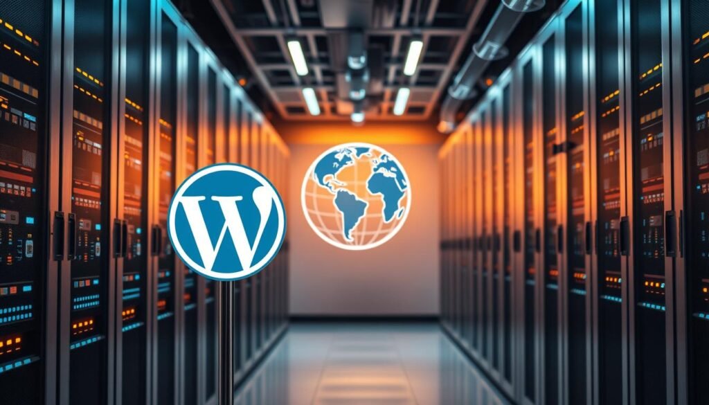 A modern server room with rows of sleek, grey server racks, their LED lights blinking rhythmically. In the foreground, a WordPress logo stands prominently, symbolizing the content management system. Behind it, a globe icon represents the worldwide reach of the Content Delivery Network, its data centers distributed across continents. Warm, indirect lighting casts a soft glow, creating an atmosphere of efficiency and reliability. The scene conveys the power and scale of a high-performance, globally distributed WordPress infrastructure, optimized for speed and performance.