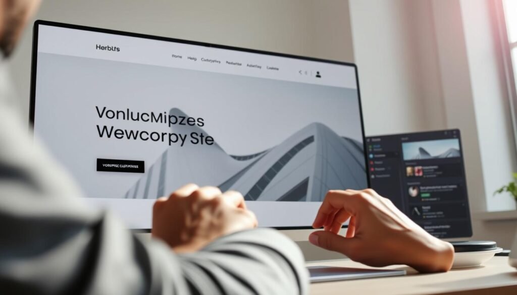 A modern, sleek WordPress website with a clean, minimalist design. The homepage is displayed on a large, high-resolution screen with a striking hero image in the background, showcasing the website's customization possibilities. In the foreground, a developer is working on the website, their hands skillfully navigating the WordPress customization interface. The lighting is bright and natural, creating a sense of productivity and focus. The overall atmosphere conveys a sense of control, creativity, and the ability to transform a standard WordPress site into a unique and visually appealing online presence.