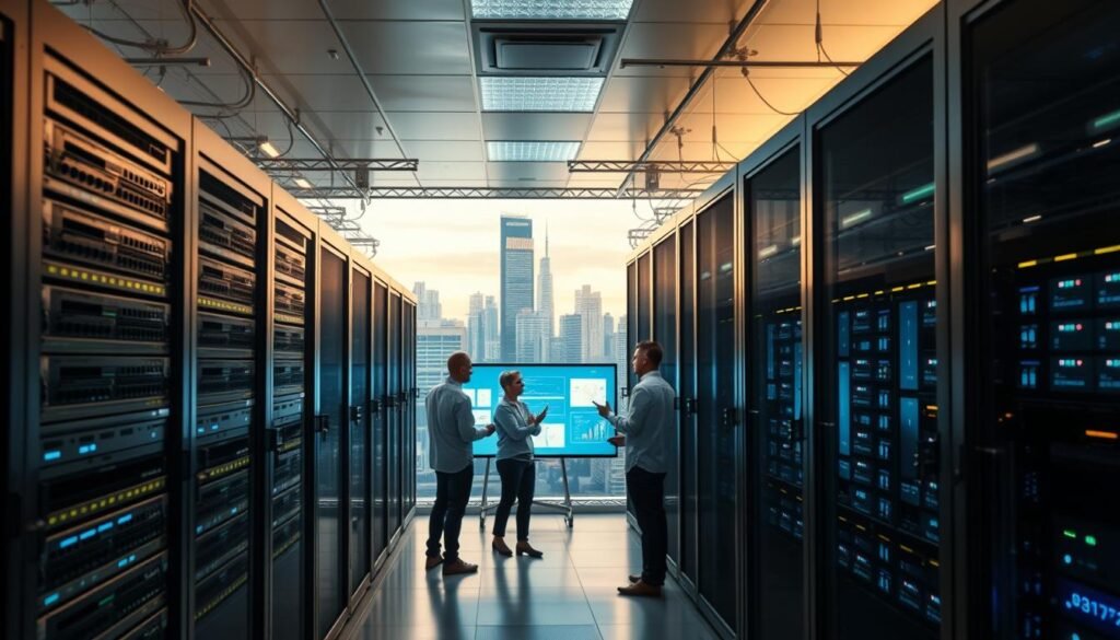 A modern, sleek data center showcasing the latest IT infrastructure solutions. The foreground features server racks, network switches, and cloud computing hardware, all bathed in a soft, ambient lighting. In the middle ground, a team of IT professionals collaborates on a large display, planning and orchestrating the digital transformation. The background depicts a cityscape, symbolizing the integration of technology into the fabric of the business. The scene conveys a sense of efficiency, innovation, and the seamless alignment of IT development with strategic business objectives. A modern, sleek data center showcasing the latest IT infrastructure solutions. The foreground features server racks, network switches, and cloud computing hardware, all bathed in a soft, ambient lighting. In the middle ground, a team of IT professionals collaborates on a large display, planning and orchestrating the digital transformation. The background depicts a cityscape, symbolizing the integration of technology into the fabric of the business. The scene conveys a sense of efficiency, innovation, and the seamless alignment of IT development with strategic business objectives.