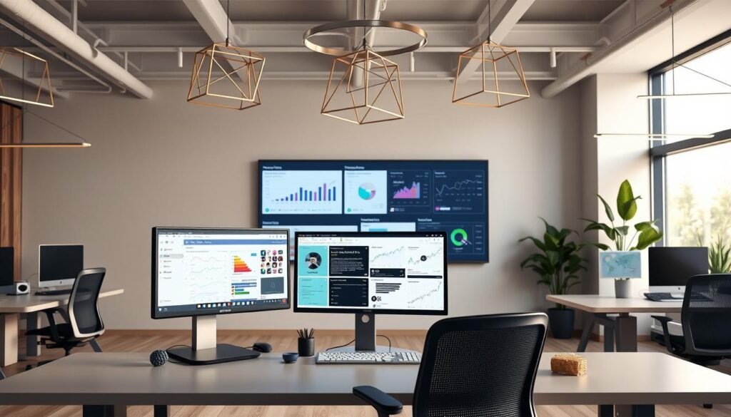 A modern, sleek office space filled with integrated remote work software and technologies. In the foreground, a desktop computer with multiple windows and collaboration apps open, surrounded by a minimalist ergonomic workstation. The middle ground features a large wall-mounted display showcasing real-time team analytics and project management dashboards. The background is bathed in soft, warm lighting, with geometric suspended lighting fixtures and a neutral color palette creating a calm, productive atmosphere. Subtle hints of greenery and natural elements provide a touch of organic balance. The overall scene conveys efficient, seamless remote work integration for a high-performing hybrid workplace. A modern, sleek office space filled with integrated remote work software and technologies. In the foreground, a desktop computer with multiple windows and collaboration apps open, surrounded by a minimalist ergonomic workstation. The middle ground features a large wall-mounted display showcasing real-time team analytics and project management dashboards. The background is bathed in soft, warm lighting, with geometric suspended lighting fixtures and a neutral color palette creating a calm, productive atmosphere. Subtle hints of greenery and natural elements provide a touch of organic balance. The overall scene conveys efficient, seamless remote work integration for a high-performing hybrid workplace.