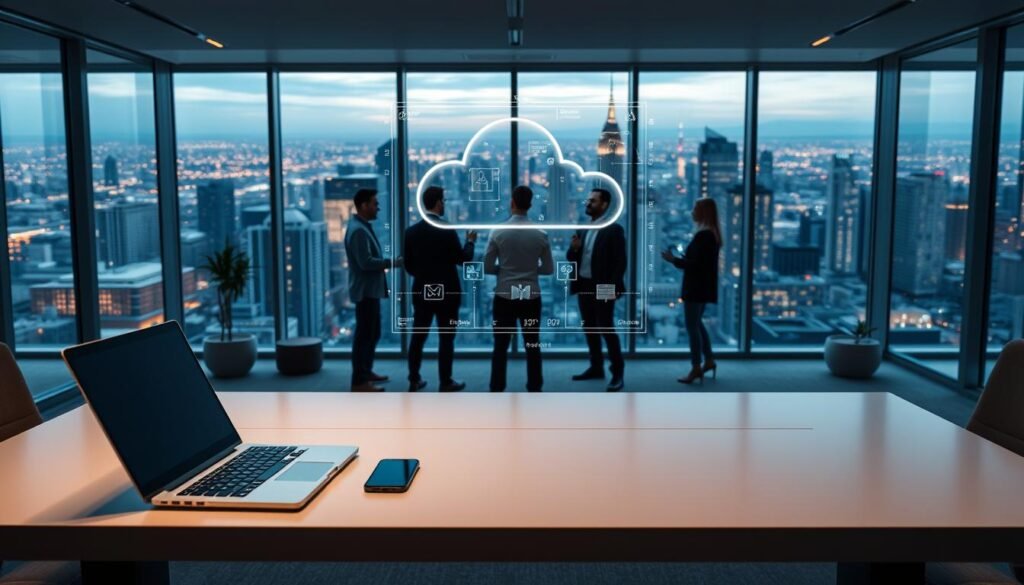 A modern, sleek office space with a focus on IT infrastructure and outsourcing. In the foreground, a laptop and smartphone sit on a minimalist desk, representing the connectivity and collaboration of remote work. The middle ground features a team of developers gesturing towards a large, holographic display showcasing scalable cloud architecture and data analytics. In the background, floor-to-ceiling windows offer a panoramic view of a bustling city skyline, symbolizing the global reach and flexibility of the IT outsourcing industry. Warm, ambient lighting and a color palette of grays, blues, and whites create a professional, technology-driven atmosphere. A modern, sleek office space with a focus on IT infrastructure and outsourcing. In the foreground, a laptop and smartphone sit on a minimalist desk, representing the connectivity and collaboration of remote work. The middle ground features a team of developers gesturing towards a large, holographic display showcasing scalable cloud architecture and data analytics. In the background, floor-to-ceiling windows offer a panoramic view of a bustling city skyline, symbolizing the global reach and flexibility of the IT outsourcing industry. Warm, ambient lighting and a color palette of grays, blues, and whites create a professional, technology-driven atmosphere.
