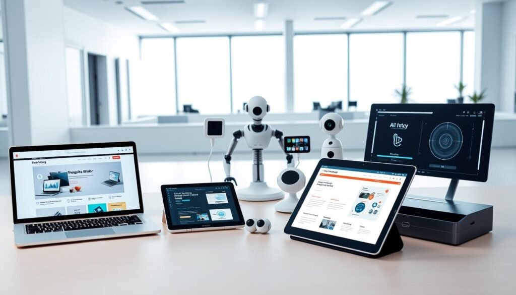 A modern, sleek office workspace with a large desk showcasing various AI-powered website creation tools. The foreground features a laptop displaying a drag-and-drop website builder interface, alongside a tablet with a visual AI design assistant. In the middle ground, an array of smart devices, including a voice-controlled digital assistant and a gesture-controlled interface, demonstrate the integration of AI into the web development process. The background depicts a minimalist, well-lit environment with floor-to-ceiling windows, highlighting the technological advancements that are transforming the way websites are created. The overall scene conveys a sense of efficiency, innovation, and the seamless integration of AI into the future of web development. A modern, sleek office workspace with a large desk showcasing various AI-powered website creation tools. The foreground features a laptop displaying a drag-and-drop website builder interface, alongside a tablet with a visual AI design assistant. In the middle ground, an array of smart devices, including a voice-controlled digital assistant and a gesture-controlled interface, demonstrate the integration of AI into the web development process. The background depicts a minimalist, well-lit environment with floor-to-ceiling windows, highlighting the technological advancements that are transforming the way websites are created. The overall scene conveys a sense of efficiency, innovation, and the seamless integration of AI into the future of web development.