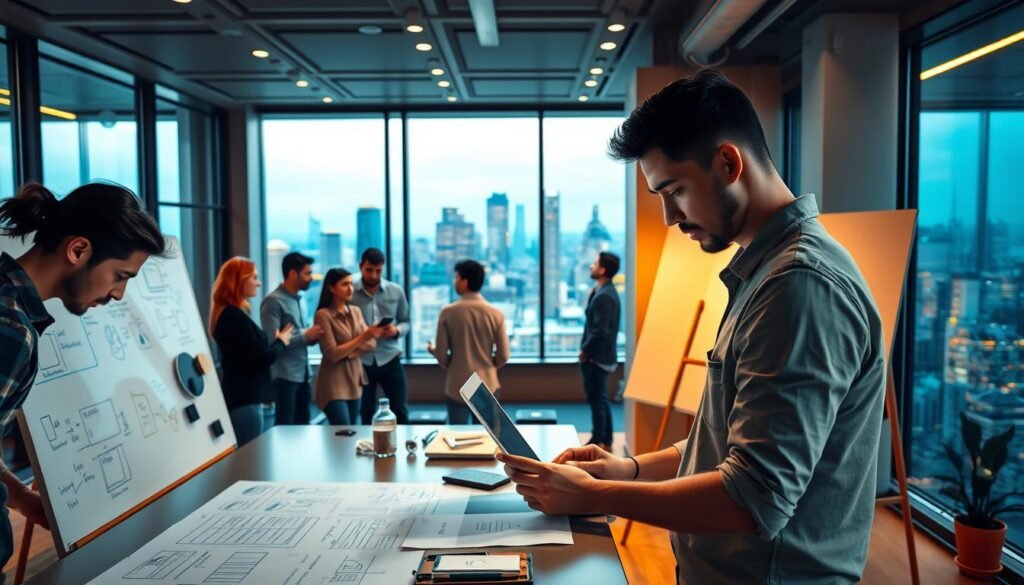 A modern, sleek software development office with a team of diverse engineers collaborating on a custom mobile app project. In the foreground, a developer works intently on a laptop, surrounded by whiteboards filled with sketches and diagrams. The middle ground features a team of developers and designers brainstorming ideas, while the background showcases a panoramic view of a bustling city skyline through large windows. Warm, focused lighting illuminates the workspace, creating a productive and innovative atmosphere. The scene conveys the process of custom app development - from ideation to implementation - within a dynamic, tech-savvy environment. A modern, sleek software development office with a team of diverse engineers collaborating on a custom mobile app project. In the foreground, a developer works intently on a laptop, surrounded by whiteboards filled with sketches and diagrams. The middle ground features a team of developers and designers brainstorming ideas, while the background showcases a panoramic view of a bustling city skyline through large windows. Warm, focused lighting illuminates the workspace, creating a productive and innovative atmosphere. The scene conveys the process of custom app development - from ideation to implementation - within a dynamic, tech-savvy environment.
