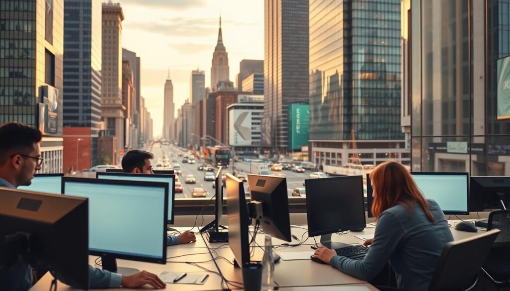 A modern software development agency set against the backdrop of the bustling North American cityscape. In the foreground, developers intently collaborate at their desks, surrounded by sleek computer monitors and agile development tools. The middle ground features a well-equipped conference room, where a team discusses the latest project plans. In the background, towering skyscrapers and busy streets convey the vibrant, fast-paced nature of the industry. Warm lighting casts a professional, productive atmosphere, while the composition emphasizes the teamwork and technological sophistication driving the growing demand for custom software solutions across North America. A modern software development agency set against the backdrop of the bustling North American cityscape. In the foreground, developers intently collaborate at their desks, surrounded by sleek computer monitors and agile development tools. The middle ground features a well-equipped conference room, where a team discusses the latest project plans. In the background, towering skyscrapers and busy streets convey the vibrant, fast-paced nature of the industry. Warm lighting casts a professional, productive atmosphere, while the composition emphasizes the teamwork and technological sophistication driving the growing demand for custom software solutions across North America.