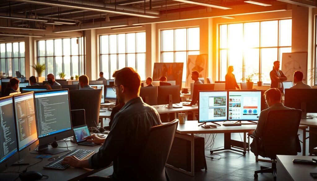 A modern software development office, bathed in warm, natural lighting streaming through large windows. In the foreground, developers intently focus on their computer screens, surrounded by industry-specific software tools and applications. The middle ground showcases collaborative workspaces, with teams discussing intricate software architectures and design patterns. In the background, a sleek, minimalist aesthetic prevails, complemented by strategically placed abstract art pieces that evoke a sense of creativity and innovation. The overall atmosphere conveys a harmonious balance between technology, teamwork, and a keen attention to detail that is essential for delivering industry-specific software solutions. A modern software development office, bathed in warm, natural lighting streaming through large windows. In the foreground, developers intently focus on their computer screens, surrounded by industry-specific software tools and applications. The middle ground showcases collaborative workspaces, with teams discussing intricate software architectures and design patterns. In the background, a sleek, minimalist aesthetic prevails, complemented by strategically placed abstract art pieces that evoke a sense of creativity and innovation. The overall atmosphere conveys a harmonious balance between technology, teamwork, and a keen attention to detail that is essential for delivering industry-specific software solutions.