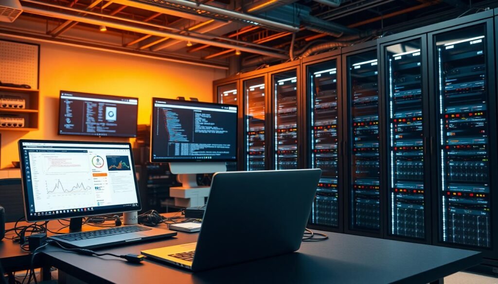 A modern software development office, filled with state-of-the-art automation tools. In the foreground, a developer's desk showcases a sleek laptop, a tablet, and an array of cables and peripherals, all working in harmony to streamline the development workflow. The middle ground features a large monitor displaying real-time analytics and deployment dashboards, while in the background, a bank of high-performance servers hums with activity, powering the continuous integration and deployment processes. Warm, focused lighting illuminates the scene, conveying a sense of efficiency and technological prowess. The overall atmosphere is one of a well-oiled, highly automated software development ecosystem, reflecting the transformative power of DevOps in North America. A modern software development office, filled with state-of-the-art automation tools. In the foreground, a developer's desk showcases a sleek laptop, a tablet, and an array of cables and peripherals, all working in harmony to streamline the development workflow. The middle ground features a large monitor displaying real-time analytics and deployment dashboards, while in the background, a bank of high-performance servers hums with activity, powering the continuous integration and deployment processes. Warm, focused lighting illuminates the scene, conveying a sense of efficiency and technological prowess. The overall atmosphere is one of a well-oiled, highly automated software development ecosystem, reflecting the transformative power of DevOps in North America.