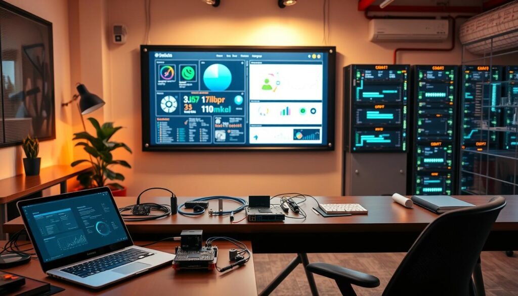 A modern software development office with a central focus on an intricate network of Internet of Things (IoT) devices. The foreground showcases a developer's desk with a sleek, futuristic laptop, an array of IoT sensors, and a 3D-printed prototype. The middle ground features a large interactive whiteboard displaying real-time IoT data visualizations and project management software. In the background, a wall-mounted server rack, blinking with indicator lights, connects the IoT ecosystem to cloud infrastructure. Warm, ambient lighting casts a soft glow, evoking a sense of technological innovation and collaboration. A modern software development office with a central focus on an intricate network of Internet of Things (IoT) devices. The foreground showcases a developer's desk with a sleek, futuristic laptop, an array of IoT sensors, and a 3D-printed prototype. The middle ground features a large interactive whiteboard displaying real-time IoT data visualizations and project management software. In the background, a wall-mounted server rack, blinking with indicator lights, connects the IoT ecosystem to cloud infrastructure. Warm, ambient lighting casts a soft glow, evoking a sense of technological innovation and collaboration.