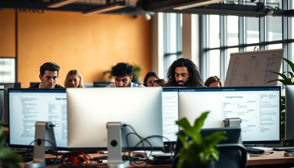 A modern software development office, with a team of talented engineers hard at work on their latest project. The foreground features a group of professionals intently focused on their computer screens, their expressions intense as they code and collaborate. The middle ground showcases the essential tools of the trade - sleek laptops, a tangle of cables, and a whiteboard filled with design diagrams and pseudocode. In the background, large windows flood the space with natural light, casting a warm, productive glow over the bustling scene. The overall atmosphere is one of focused creativity, with a touch of technical sophistication - a representation of the essential software development services that empower today's enterprises. A modern software development office, with a team of talented engineers hard at work on their latest project. The foreground features a group of professionals intently focused on their computer screens, their expressions intense as they code and collaborate. The middle ground showcases the essential tools of the trade - sleek laptops, a tangle of cables, and a whiteboard filled with design diagrams and pseudocode. In the background, large windows flood the space with natural light, casting a warm, productive glow over the bustling scene. The overall atmosphere is one of focused creativity, with a touch of technical sophistication - a representation of the essential software development services that empower today's enterprises.