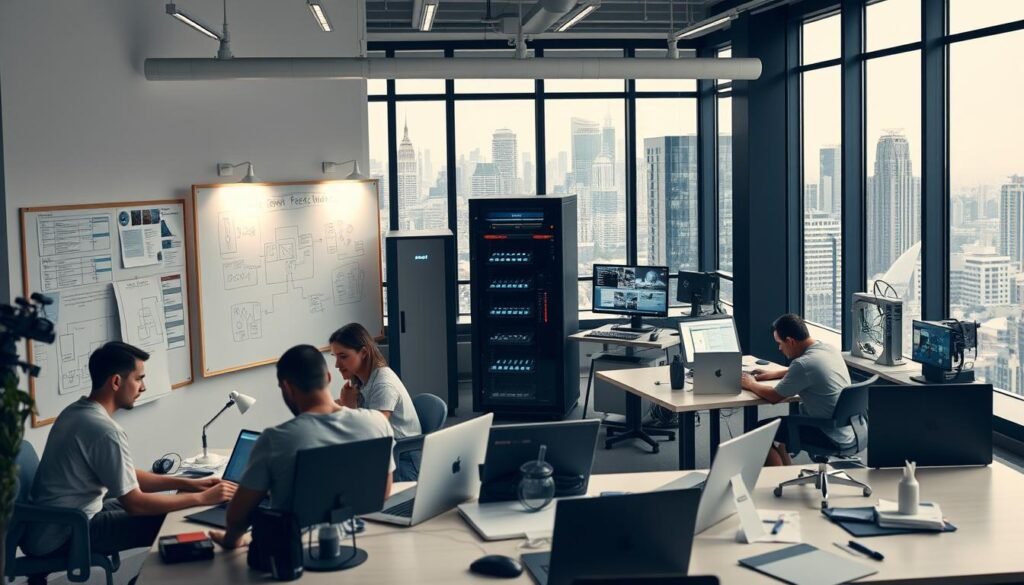 A modern software development studio with a team of programmers and designers collaborating on a complex project. The foreground shows a group of people working intently on their laptops, surrounded by whiteboards, diagrams, and project management tools. The middle ground features a server rack, 3D printers, and other specialized equipment. The background depicts a sleek, minimalist office space with large windows overlooking a bustling city skyline. Soft, directional lighting creates a focused, professional atmosphere, while the overall composition conveys the dynamic, iterative nature of custom software development. A modern software development studio with a team of programmers and designers collaborating on a complex project. The foreground shows a group of people working intently on their laptops, surrounded by whiteboards, diagrams, and project management tools. The middle ground features a server rack, 3D printers, and other specialized equipment. The background depicts a sleek, minimalist office space with large windows overlooking a bustling city skyline. Soft, directional lighting creates a focused, professional atmosphere, while the overall composition conveys the dynamic, iterative nature of custom software development.