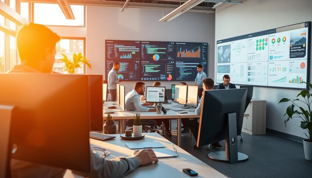 A modern software engineering office, bathed in warm, natural lighting. In the foreground, a developer's desk showcases an array of context-aware tools - smart code editors, integrated debugging interfaces, and AI-powered assistants. The middle ground features collaborative workspaces, where teams huddle around interactive displays, analyzing data visualizations and architecture diagrams. In the background, a wall-mounted dashboard tracks project metrics, offering real-time insights to guide the development workflow. The overall scene conveys a sense of technological sophistication, efficiency, and a human-centric approach to software engineering. A modern software engineering office, bathed in warm, natural lighting. In the foreground, a developer's desk showcases an array of context-aware tools - smart code editors, integrated debugging interfaces, and AI-powered assistants. The middle ground features collaborative workspaces, where teams huddle around interactive displays, analyzing data visualizations and architecture diagrams. In the background, a wall-mounted dashboard tracks project metrics, offering real-time insights to guide the development workflow. The overall scene conveys a sense of technological sophistication, efficiency, and a human-centric approach to software engineering.