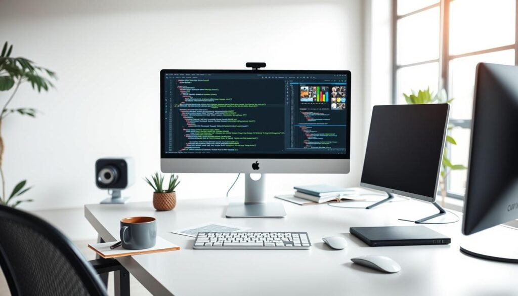 A modern web development workspace with a desktop computer, stylish minimalist decor, and various development tools. The foreground features a minimalist desk setup with a sleek monitor, keyboard, and mouse, alongside a notebook and coffee mug. The middle ground showcases a large screen displaying lines of code and design mockups. The background is a clean, bright room with large windows, allowing natural light to filter in and create a calming, focused atmosphere. The lighting is soft and diffused, highlighting the workspace's clean lines and attention to detail. The overall mood is one of productivity, innovation, and a professional approach to custom web development. A modern web development workspace with a desktop computer, stylish minimalist decor, and various development tools. The foreground features a minimalist desk setup with a sleek monitor, keyboard, and mouse, alongside a notebook and coffee mug. The middle ground showcases a large screen displaying lines of code and design mockups. The background is a clean, bright room with large windows, allowing natural light to filter in and create a calming, focused atmosphere. The lighting is soft and diffused, highlighting the workspace's clean lines and attention to detail. The overall mood is one of productivity, innovation, and a professional approach to custom web development.