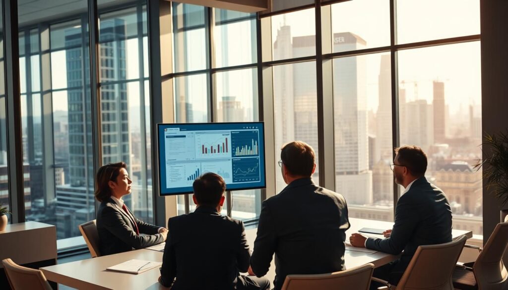 A modern, well-appointed office with large windows overlooking a bustling city skyline. In the foreground, a team of business professionals seated around a conference table, deeply engaged in reviewing software portfolios and data analytics dashboards projected on a large display screen. The lighting is warm and natural, creating a sense of productive collaboration. The executives wear sophisticated business attire, expressions serious yet thoughtful as they evaluate potential software development partners to drive their company's digital transformation. The background features sleek, contemporary furnishings and decor, reflecting an atmosphere of innovation and technological prowess. A modern, well-appointed office with large windows overlooking a bustling city skyline. In the foreground, a team of business professionals seated around a conference table, deeply engaged in reviewing software portfolios and data analytics dashboards projected on a large display screen. The lighting is warm and natural, creating a sense of productive collaboration. The executives wear sophisticated business attire, expressions serious yet thoughtful as they evaluate potential software development partners to drive their company's digital transformation. The background features sleek, contemporary furnishings and decor, reflecting an atmosphere of innovation and technological prowess.