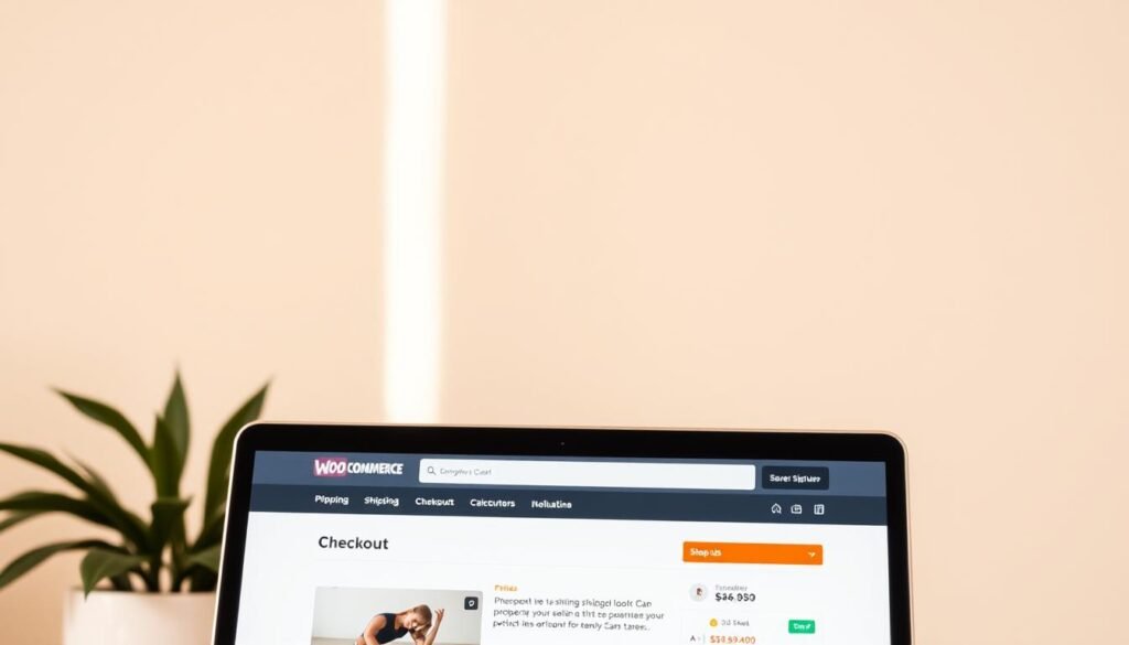 A modern, well-designed WordPress e-commerce website against a soft, neutral background. The foreground features a clean, intuitive interface with product images, descriptions, and pricing displayed prominently. In the middle ground, a WooCommerce shopping cart and checkout process are visible, showcasing a seamless user experience. The background subtly depicts shipping and tax calculation modules, reflecting the "Managing Shipping and Taxes" section of the article. Warm, natural lighting illuminates the scene, creating a professional, trustworthy atmosphere for the online store.