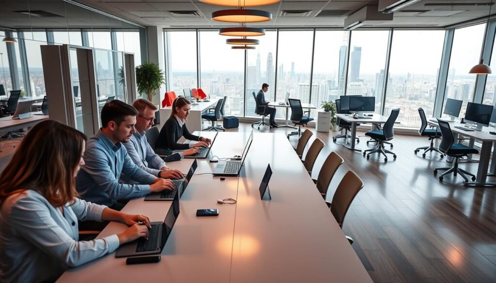 A modern, well-equipped IT service company office, with a sleek and professional atmosphere. The foreground features a team of tech experts collaborating at a long conference table, their faces focused on their laptops and tablets. Overhead lighting casts a warm, productive glow, while the middle ground showcases a vibrant, open-concept workspace with ergonomic chairs, standing desks, and colorful decor that promotes creativity. In the background, floor-to-ceiling windows offer a panoramic view of a bustling city skyline, conveying a sense of the company's technological capabilities and global reach. A modern, well-equipped IT service company office, with a sleek and professional atmosphere. The foreground features a team of tech experts collaborating at a long conference table, their faces focused on their laptops and tablets. Overhead lighting casts a warm, productive glow, while the middle ground showcases a vibrant, open-concept workspace with ergonomic chairs, standing desks, and colorful decor that promotes creativity. In the background, floor-to-ceiling windows offer a panoramic view of a bustling city skyline, conveying a sense of the company's technological capabilities and global reach.