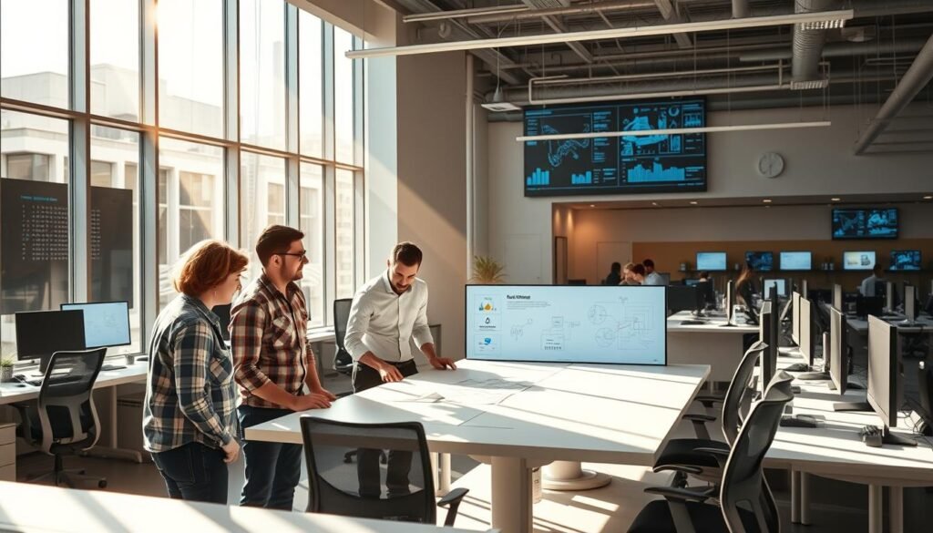 A modern, well-equipped IT services office with a team of professionals collaborating on various technology projects. The scene depicts a spacious, open-plan workspace with clean, minimalist design elements. Sunlight streams in through large windows, casting a warm, productive glow over the space. In the foreground, a group of engineers are gathered around a conference table, discussing technical diagrams and schematics displayed on a large, high-resolution screen. The background features rows of desks with sleek, ergonomic workstations, where other team members are intently focused on their screens. The overall atmosphere conveys a sense of professionalism, efficiency, and innovation in the field of IT services. A modern, well-equipped IT services office with a team of professionals collaborating on various technology projects. The scene depicts a spacious, open-plan workspace with clean, minimalist design elements. Sunlight streams in through large windows, casting a warm, productive glow over the space. In the foreground, a group of engineers are gathered around a conference table, discussing technical diagrams and schematics displayed on a large, high-resolution screen. The background features rows of desks with sleek, ergonomic workstations, where other team members are intently focused on their screens. The overall atmosphere conveys a sense of professionalism, efficiency, and innovation in the field of IT services.