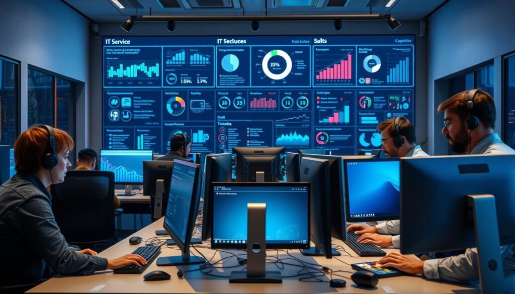 A modern, well-equipped IT support hub for businesses. In the foreground, a team of technicians diligently troubleshoot and resolve software issues on various devices. The middle ground features a sleek, ergonomic workspace with state-of-the-art monitors, keyboards, and peripherals. In the background, a large digital display showcases real-time analytics, user feedback, and IT service performance metrics. Subtle ambient lighting creates a focused, yet calming atmosphere. The overall scene conveys a sense of efficiency, responsiveness, and a deep understanding of user needs in the ever-evolving world of business technology. A modern, well-equipped IT support hub for businesses. In the foreground, a team of technicians diligently troubleshoot and resolve software issues on various devices. The middle ground features a sleek, ergonomic workspace with state-of-the-art monitors, keyboards, and peripherals. In the background, a large digital display showcases real-time analytics, user feedback, and IT service performance metrics. Subtle ambient lighting creates a focused, yet calming atmosphere. The overall scene conveys a sense of efficiency, responsiveness, and a deep understanding of user needs in the ever-evolving world of business technology.