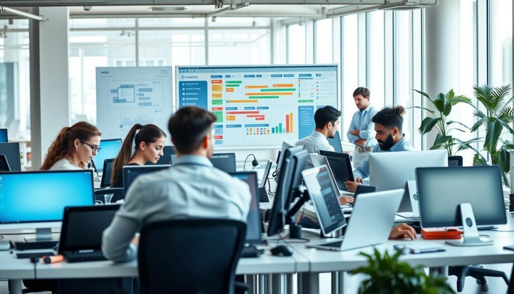 A modern, well-equipped office space, with a team of software engineers collaborating on reliable IT development projects. The foreground features a group of diverse professionals intently focused on their laptop screens, surrounded by ergonomic desks, high-tech equipment, and a sleek, minimalist aesthetic. The middle ground showcases a dynamic Kanban board, Gantt charts, and other project management tools, highlighting the structured, efficient workflows. The background reveals floor-to-ceiling windows, allowing natural light to flood the space and creating a sense of openness and transparency. The overall mood is one of professionalism, productivity, and a commitment to delivering successful, trustworthy IT solutions. A modern, well-equipped office space, with a team of software engineers collaborating on reliable IT development projects. The foreground features a group of diverse professionals intently focused on their laptop screens, surrounded by ergonomic desks, high-tech equipment, and a sleek, minimalist aesthetic. The middle ground showcases a dynamic Kanban board, Gantt charts, and other project management tools, highlighting the structured, efficient workflows. The background reveals floor-to-ceiling windows, allowing natural light to flood the space and creating a sense of openness and transparency. The overall mood is one of professionalism, productivity, and a commitment to delivering successful, trustworthy IT solutions.